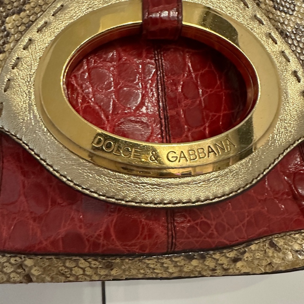 Dolce & Gabbana Red and Beige Snake-Print Shoulder Bag with Gold Hardware - Picture 2 of 3